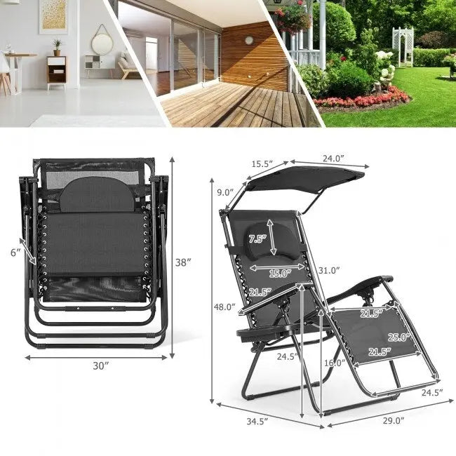 Folding Recliner Lounge Chair w/ Shade Canopy Cup Holder - Gray