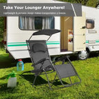 Folding Recliner Lounge Chair w/ Shade Canopy Cup Holder - Gray
