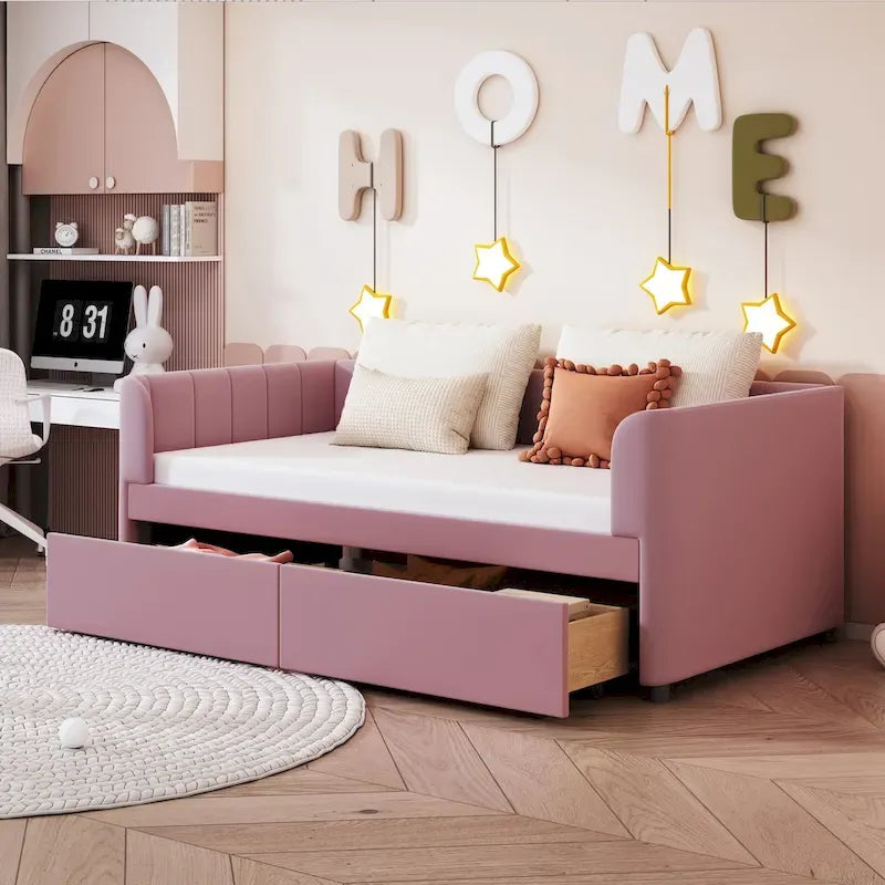 Twin Size Upholstered Daybed with Ergonomic Design Backrest and 2 Drawers