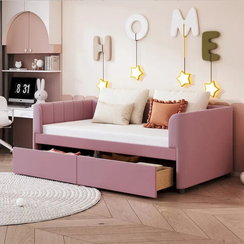 Twin Size Upholstered Daybed with Ergonomic Design Backrest and 2 Drawers