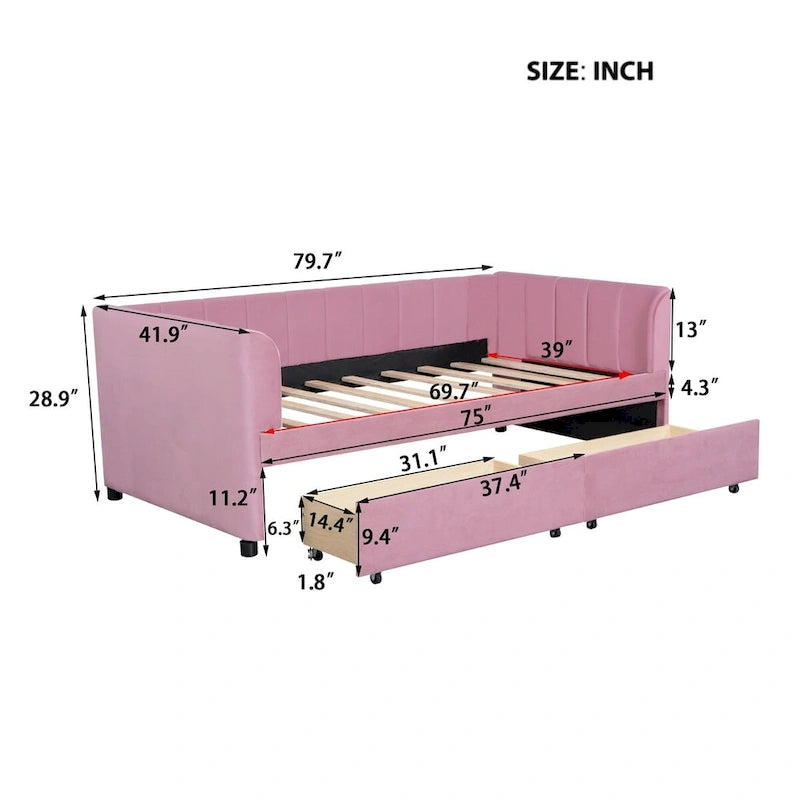 Twin Size Upholstered Daybed with Ergonomic Design Backrest and 2 Drawers