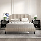 3 Pieces Bedroom Set Modern Linen Curved Upholstered Beige Platform King Bed with Two Black Cherry Nightstands