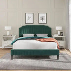 3 Pieces Bedroom Set Modern Linen Curved Upholstered Beige Platform King Bed with Two Black Cherry Nightstands