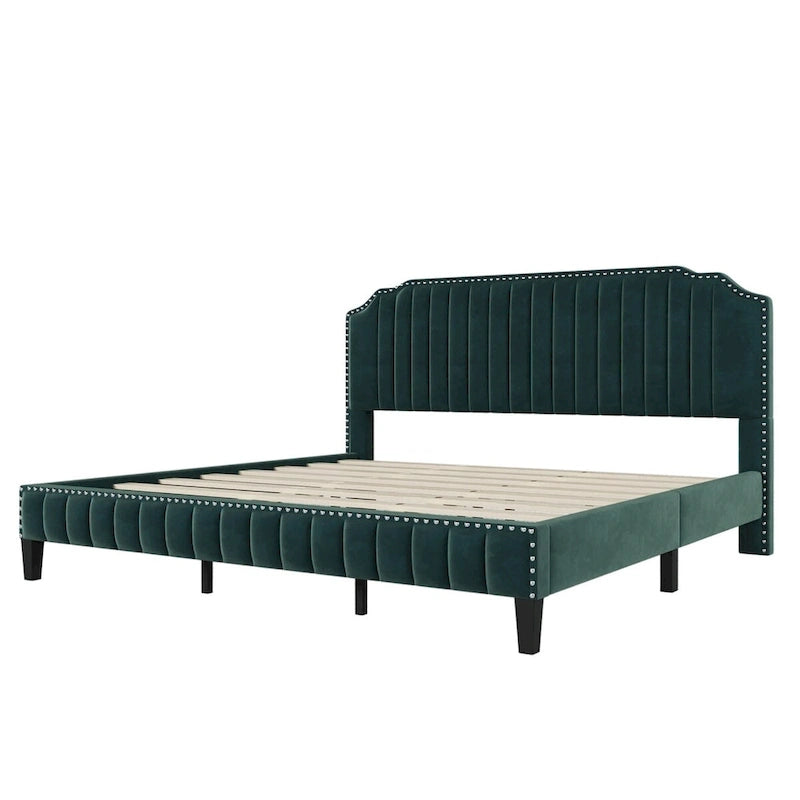 3 Pieces Bedroom Set Modern Linen Curved Upholstered Beige Platform King Bed with Two Black Cherry Nightstands