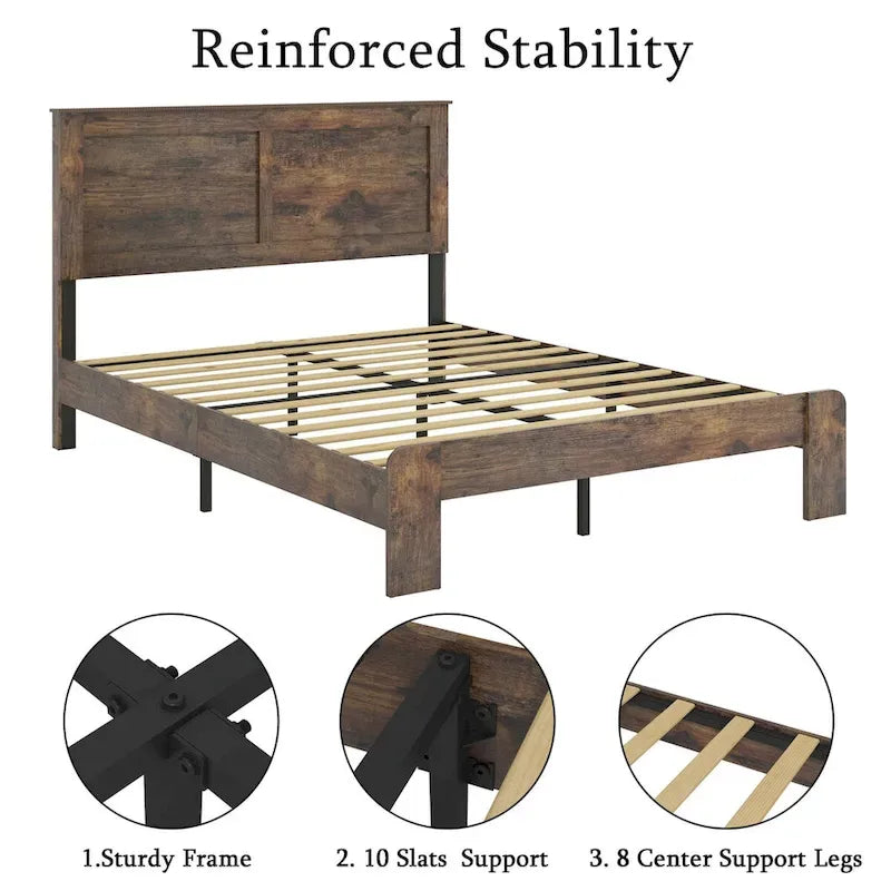 Dark Brown Full Size Wood Platform Bed Fro Bedroom
