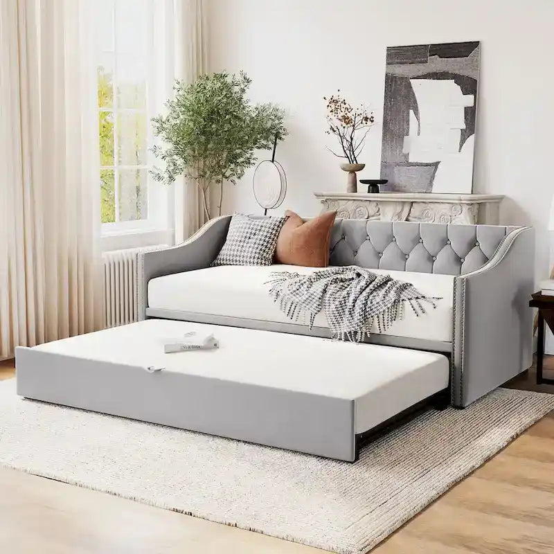Twin Size Upholstered daybed with Pop Up Trundle, Pink