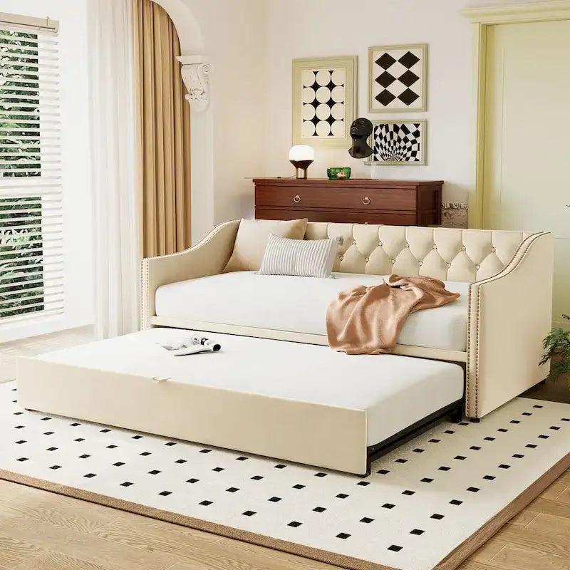 Twin Size Upholstered daybed with Pop Up Trundle, Pink
