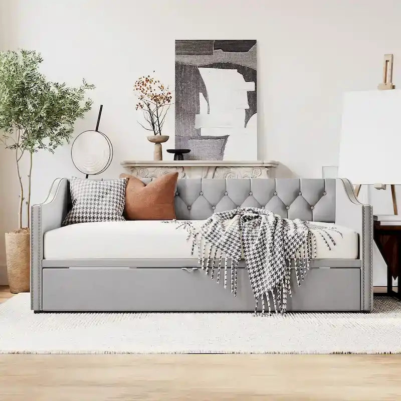 Twin Size Upholstered daybed with Pop Up Trundle, Pink