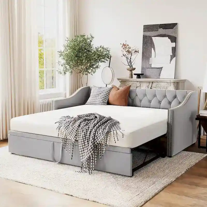 Twin Size Upholstered daybed with Pop Up Trundle, Pink