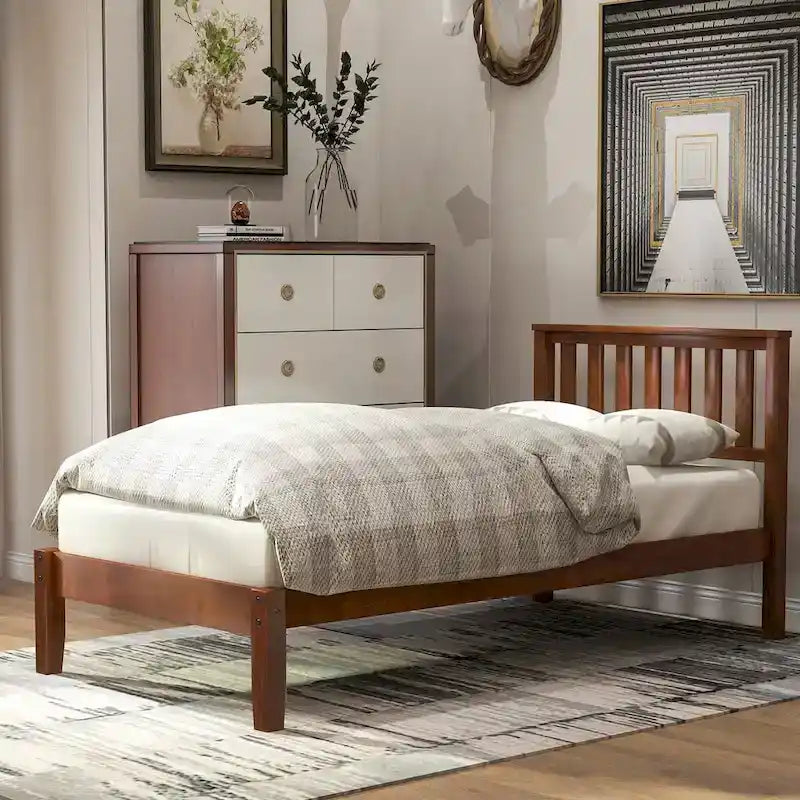 Wood Platform Bed with Headboard/ Slat