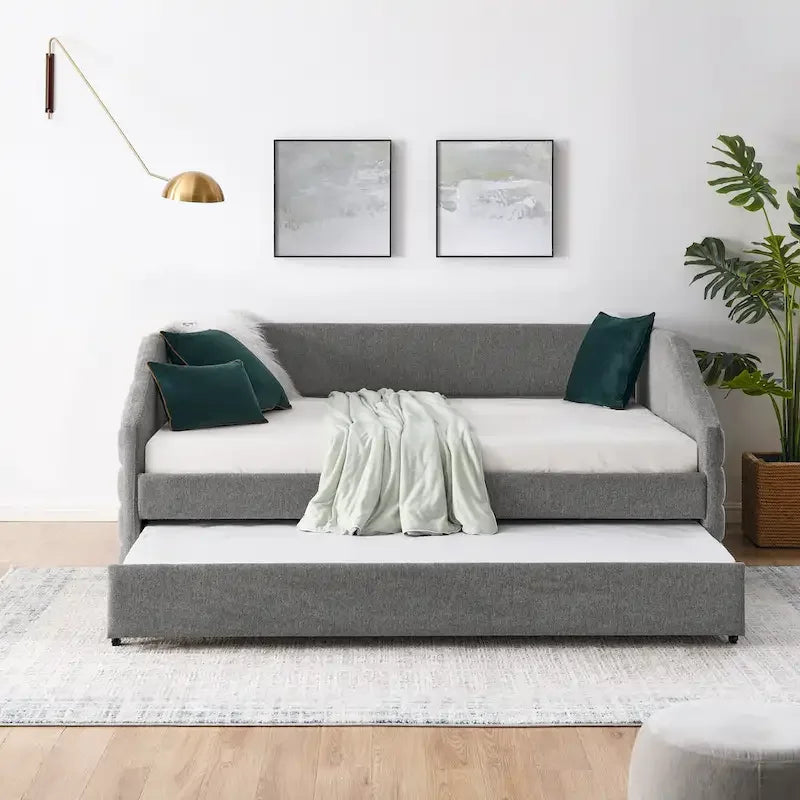 Full Size Daybed with Trundle Upholstered Tufted Sofa Bed, Linen Fabric(82.5x58x34)