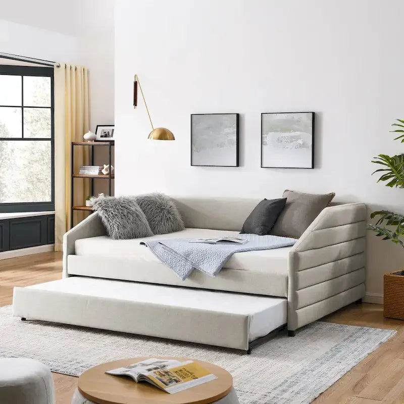 Full Size Daybed with Trundle Upholstered Tufted Sofa Bed, Linen Fabric(82.5x58x34)