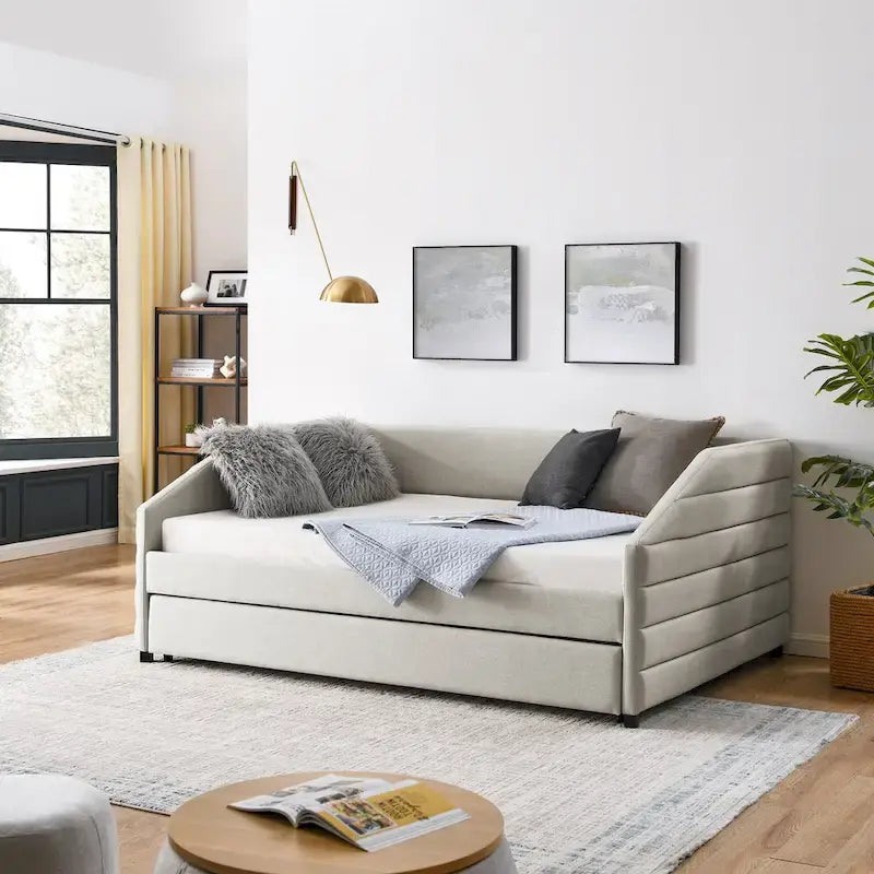 Full Size Daybed with Trundle Upholstered Tufted Sofa Bed, Linen Fabric(82.5x58x34)