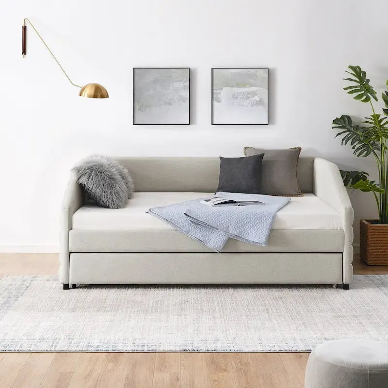 Full Size Daybed with Trundle Upholstered Tufted Sofa Bed, Linen Fabric(82.5x58x34)