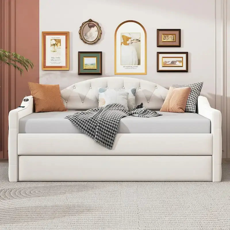 Twin Size Tufted Upholstered Daybed with Trundle ,Velvet Sofabed with USB&Type-C Charging Ports,No Box-spring Needed