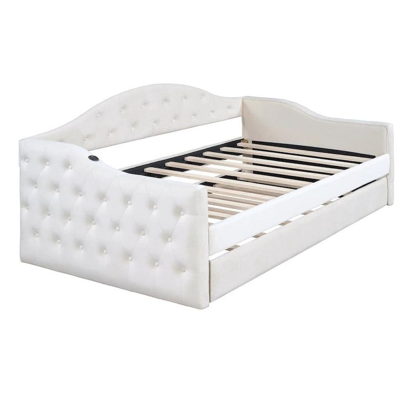 Twin Size Tufted Upholstered Daybed with Trundle ,Velvet Sofabed with USB&Type-C Charging Ports,No Box-spring Needed