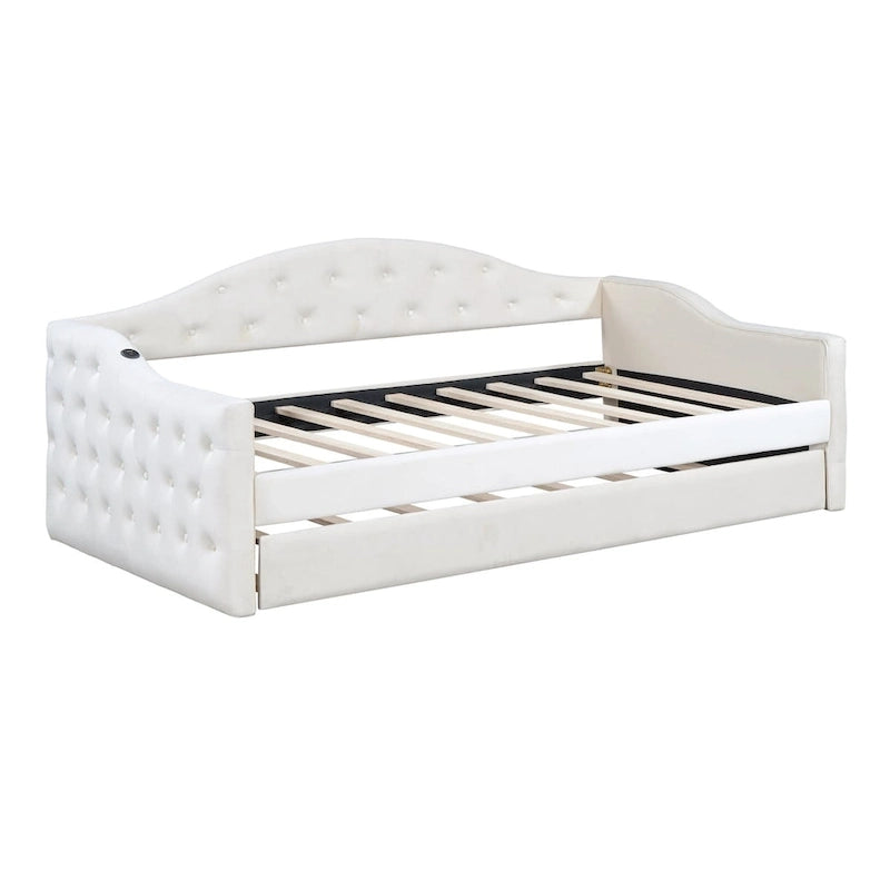 Twin Size Tufted Upholstered Daybed with Trundle ,Velvet Sofabed with USB&Type-C Charging Ports,No Box-spring Needed