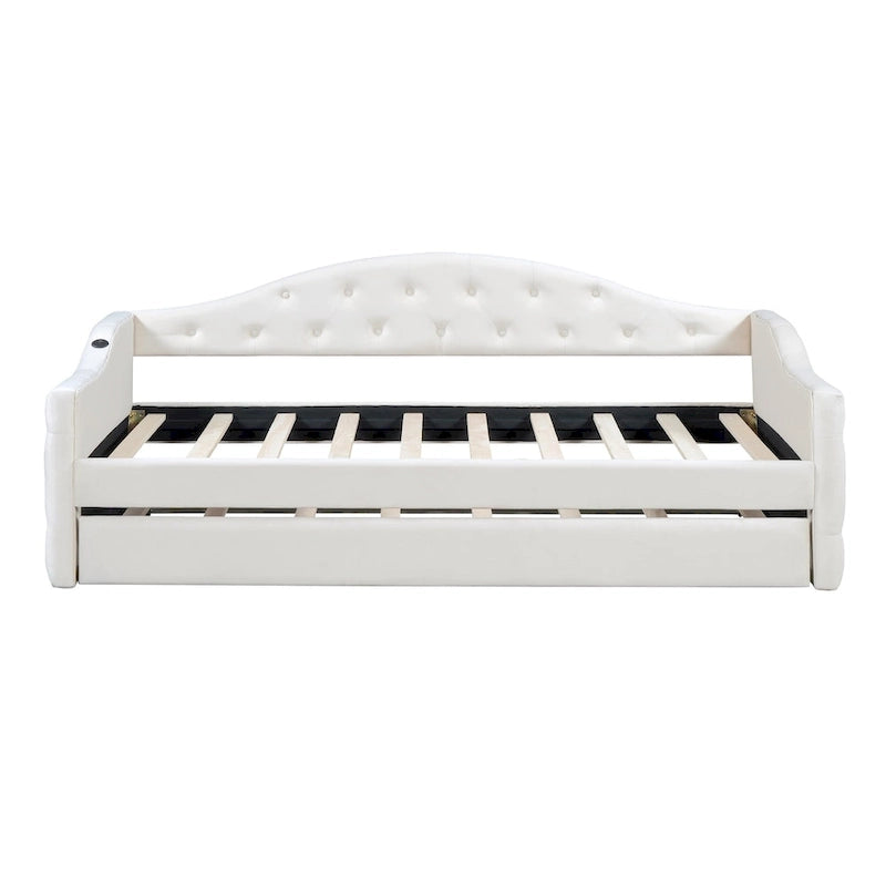 Twin Size Tufted Upholstered Daybed with Trundle ,Velvet Sofabed with USB&Type-C Charging Ports,No Box-spring Needed