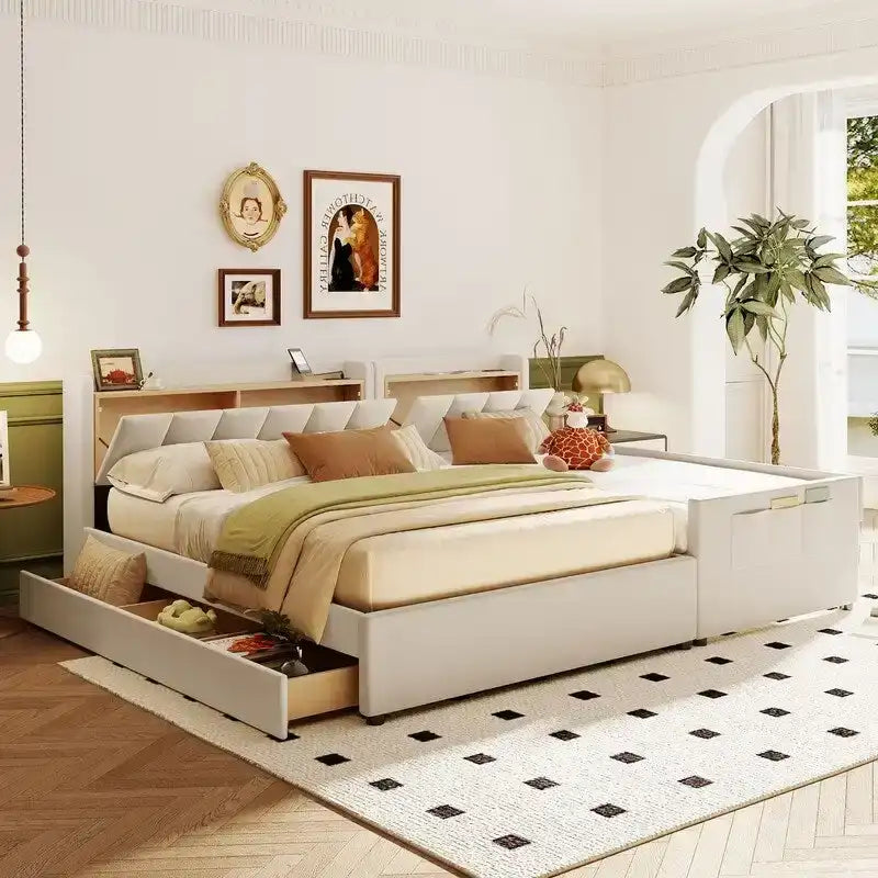 Queen Size & Twin XL Size Upholstered Platform Bed Mother & Child Bed Frame with Hydraulic Storage System