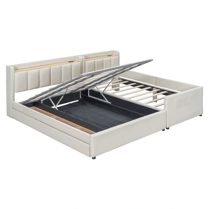 Queen Size & Twin XL Size Upholstered Platform Bed Mother & Child Bed Frame with Hydraulic Storage System