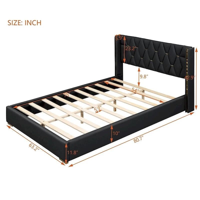 Full Size PU Upholstered Platform Bed with Metal Strips