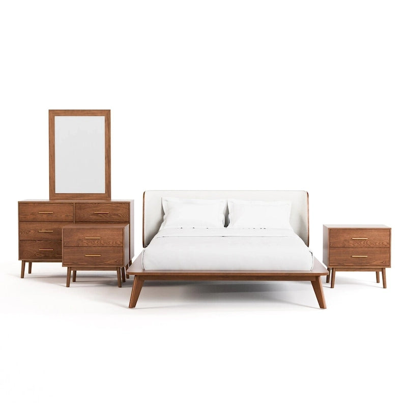 Furniture of America Beau Midcentury 5-Piece Boucle Wingback Queen Low Profile Bedroom Set