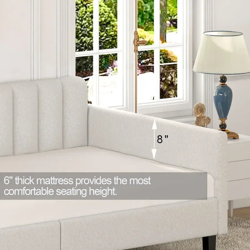Same as Elena Twin Size Ivory Boucle Upholstered Daybed, Ribbed Tufted Backrest, Daybed in Lavish Modern Design