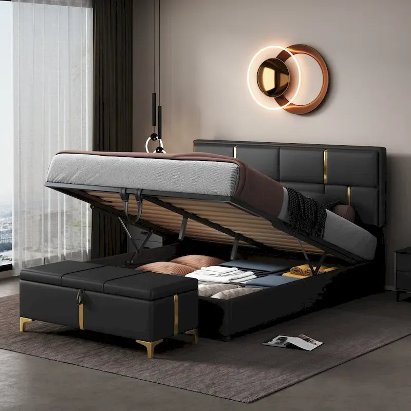 Queen Size Upholstered Platform Bed with Storage Ottoman 2-Pieces Bedroom Sets