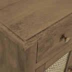 30 Inch Nightstand Table, Rattan Cabinet Doors and Drawer Fronts, Sandblasted Brown Mango Wood