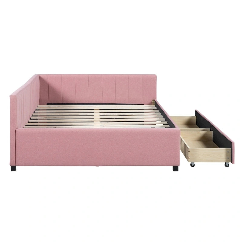 Full Size Upholstered Daybed with 2 Storage Drawers Sofa Bed Frame