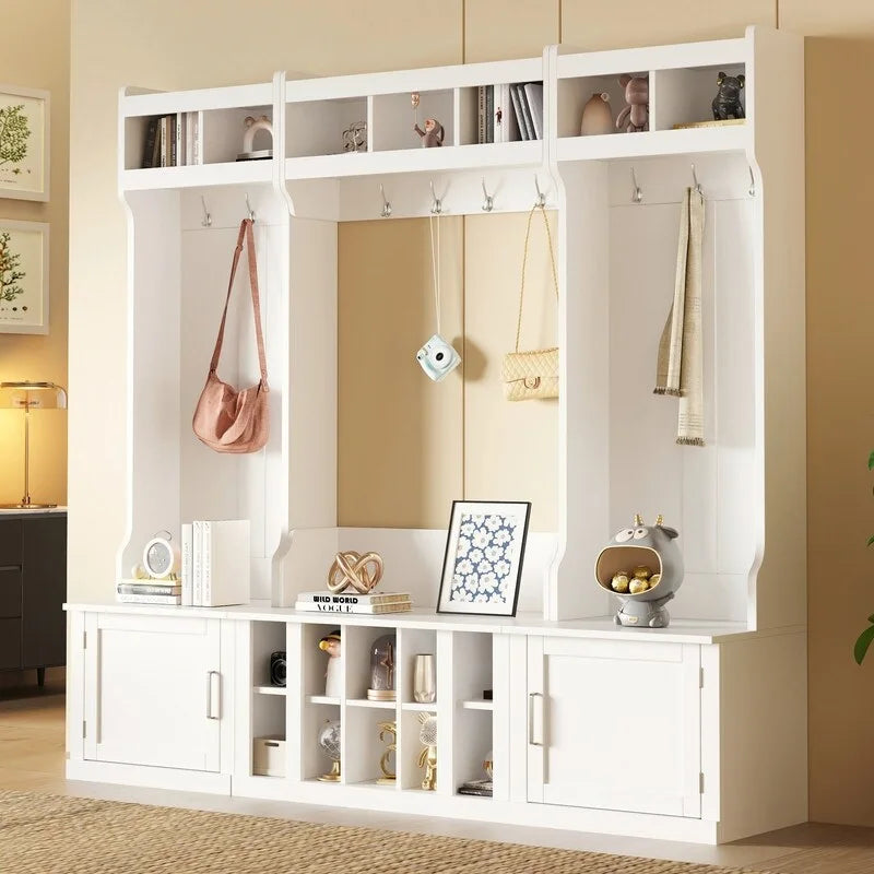 4-IN-1 Multi-functional Hall Tree Entryway Bench with Coat Rack and Shoe Cubbies