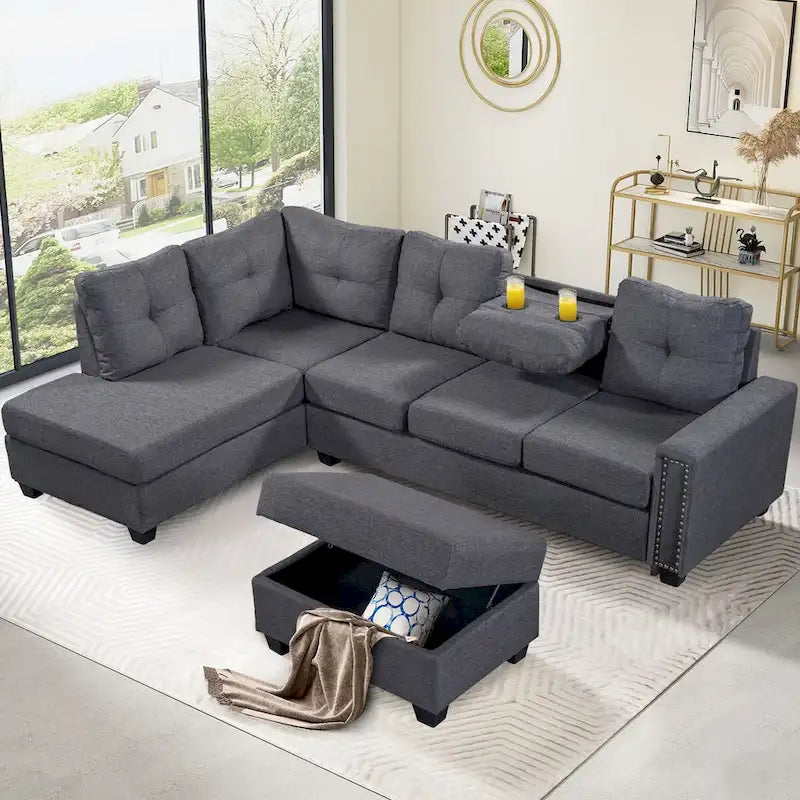Reversible L-Shaped Sectional Sofa with Storage Ottoman