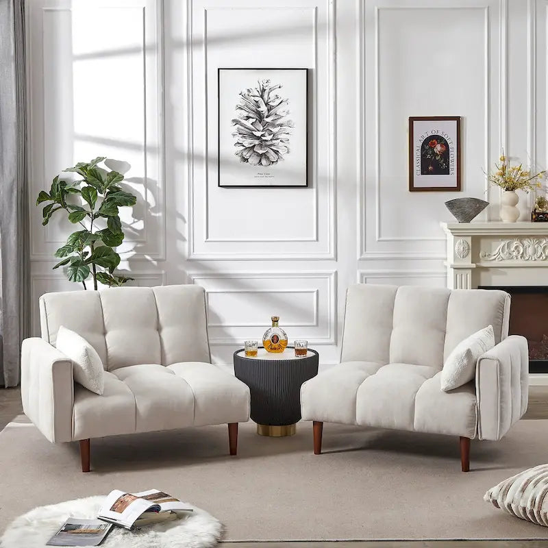 Convertible Futon Sofa Bed, Adjustable Couch Sleeper, Modern Fabric Linen Upholstered Futon Sofa bed with 2 Pillows