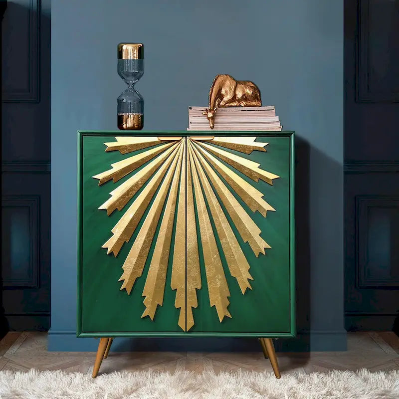 Mid-Century Modern Glam Solid Wood Cabinet 2-Door Sunburst Accent Storage Sideboard Cupboard Dining Room Buffet