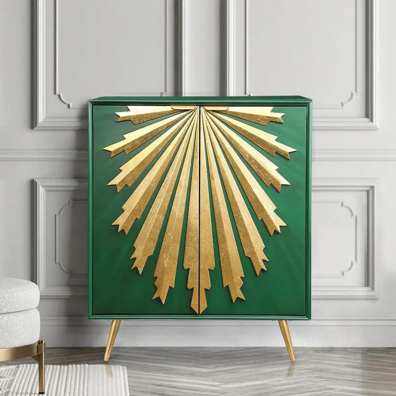 Mid-Century Modern Glam Solid Wood Cabinet 2-Door Sunburst Accent Storage Sideboard Cupboard Dining Room Buffet
