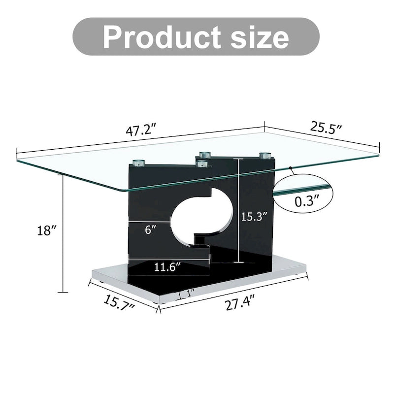 A 47.2*25.5*18 rectangular modern and fashionable table with tempered glass tabletop and black MDF legs for living room
