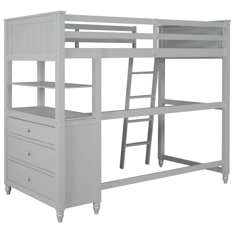 Twin Size Loft Bed with Desk and Dresser, Wooden Loft Bed with Storage Drawers and Shelves for Kids Teens Boys Girls