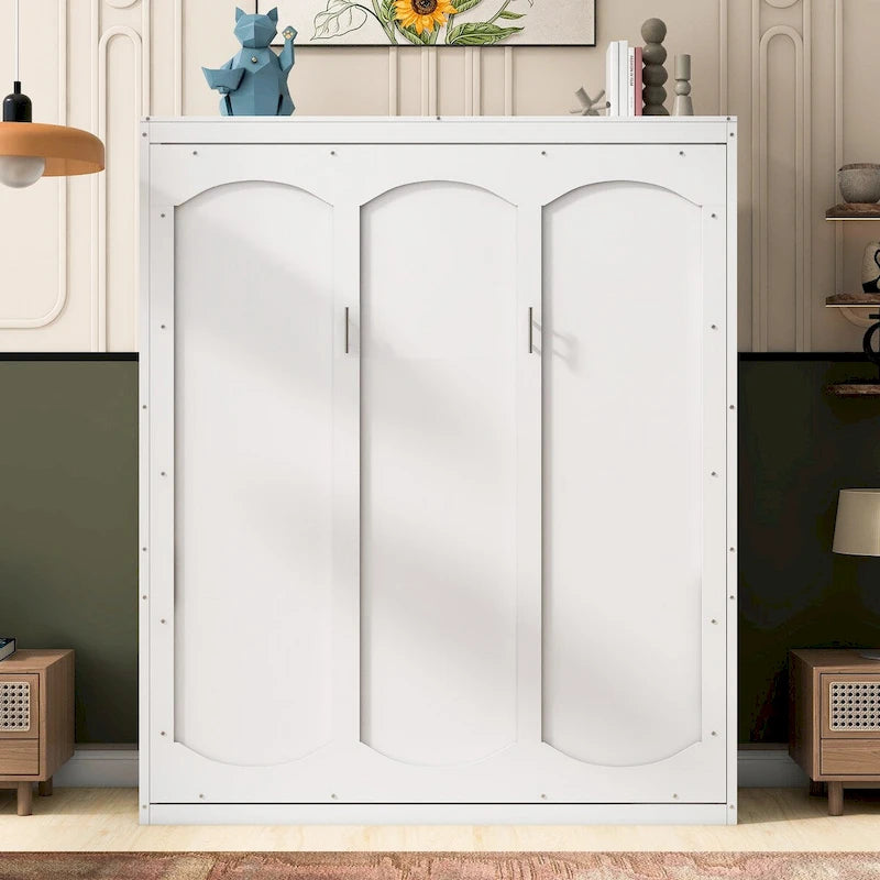 Queen Size Murphy Wall Storage Shelves,Hide Away Bed Frame Easily Folds into Wood Cabinet,W/Mattress Holder