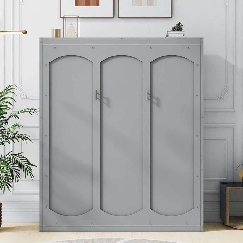 Queen Size Murphy Wall Storage Shelves,Hide Away Bed Frame Easily Folds into Wood Cabinet,W/Mattress Holder
