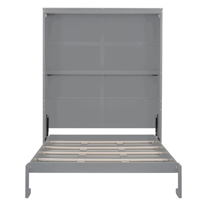 Queen Size Murphy Wall Storage Shelves,Hide Away Bed Frame Easily Folds into Wood Cabinet,W/Mattress Holder