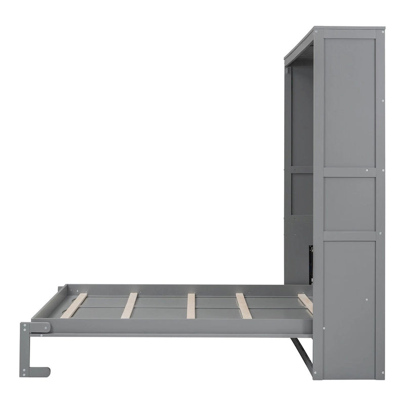 Queen Size Murphy Wall Storage Shelves,Hide Away Bed Frame Easily Folds into Wood Cabinet,W/Mattress Holder