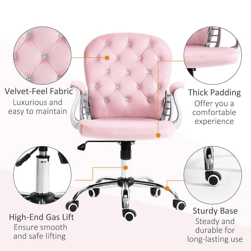 Velvet Adjustable Height Home Office Chair w/ Padded Armrests & Wheel - N/A
