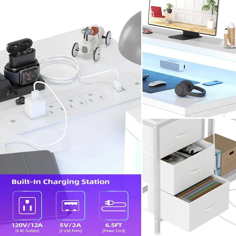 L Shaped Desk with Power Outlets & LED Lights