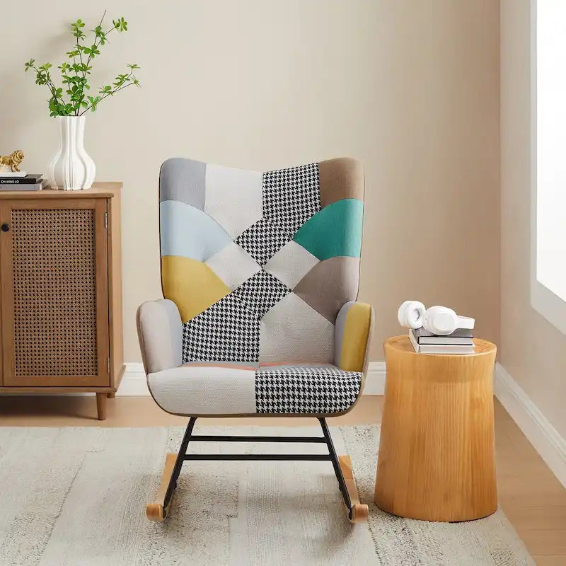 VANOMi 25.2 Wide French Patchwork Linen Upholstered Nursery Rocking Chair with Wood Legs