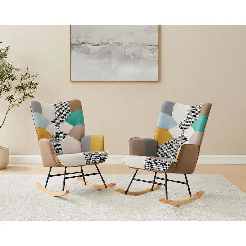 VANOMi 25.2 Wide French Patchwork Linen Upholstered Nursery Rocking Chair with Wood Legs