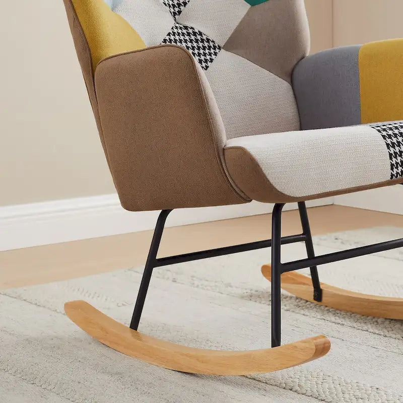 VANOMi 25.2 Wide French Patchwork Linen Upholstered Nursery Rocking Chair with Wood Legs