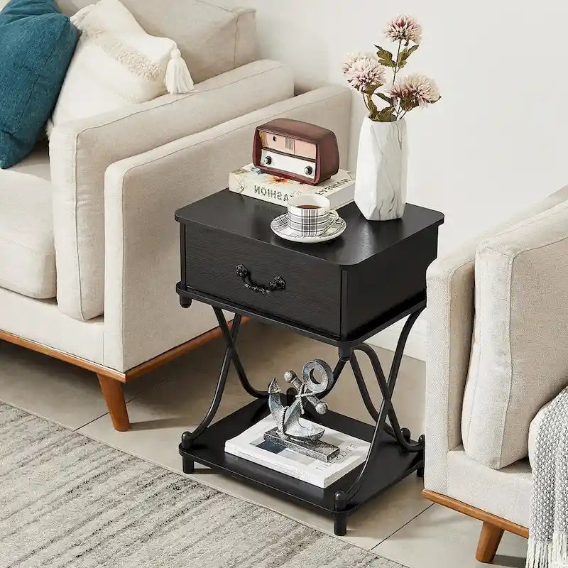 Modern 3-piece Coffee Table, Sofa Table & 1-drawer Nightstand Set of 2(Brown/Black/White)