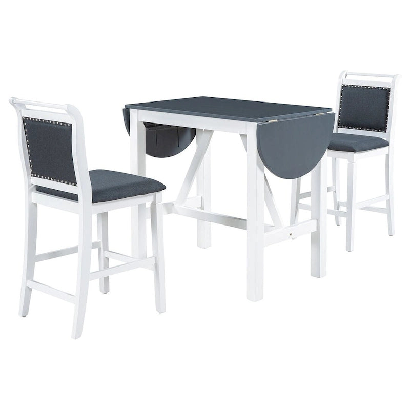 3-Piece Wood Counter Height Drop Leaf Dining Table Set with 2 Upholstered Dining Chairs