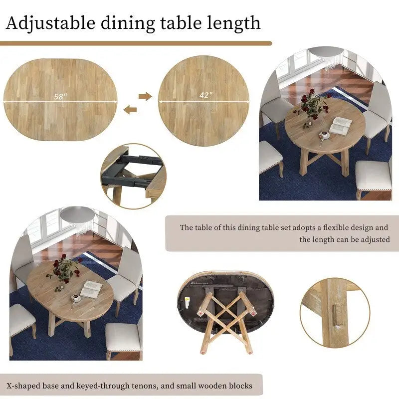Round dining table, Farmhouse round retractable table, 16 leaf wood kitchen table