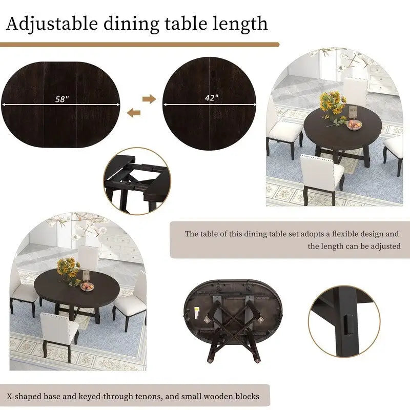 Round dining table, Farmhouse round retractable table, 16 leaf wood kitchen table
